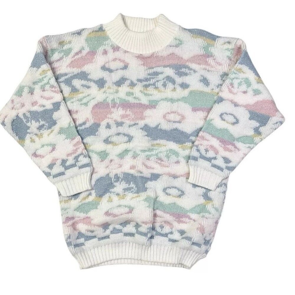 Vtg 80s Sweater Sz L Floral Flowers Kei Kawaii Metallic Shimmer Metallic Pastel